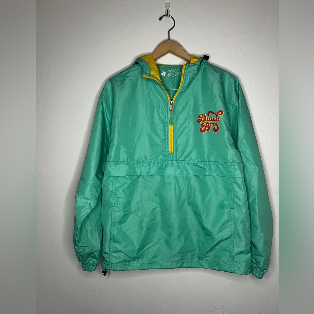 Dutch Bros Teal Hooded Windbreaker with Yellow Accents Employee